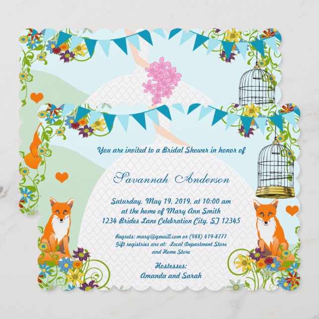 Niedlich Fox Bunting Garden Brautparty lädt ein Einladung (Vorne/Hinten)