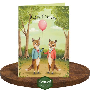 Niedlich Fox Couple Forest Storybook Kunst am Gebu Karte