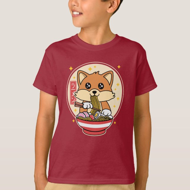 Niedlich Fox Eating Ramen Kawaii Japanisches Leben T-Shirt (Vorderseite)