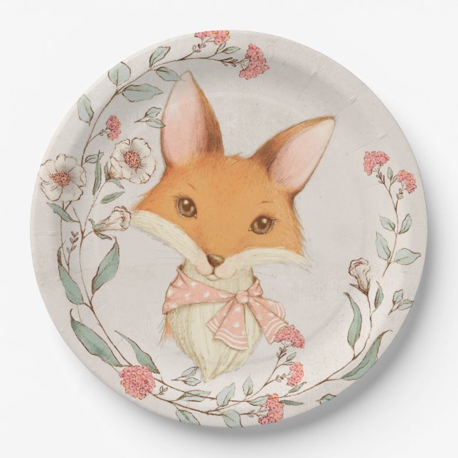 Niedlich Fox Floral Baby Animals Baby GIrl Dusche Pappteller (Vorderseite)