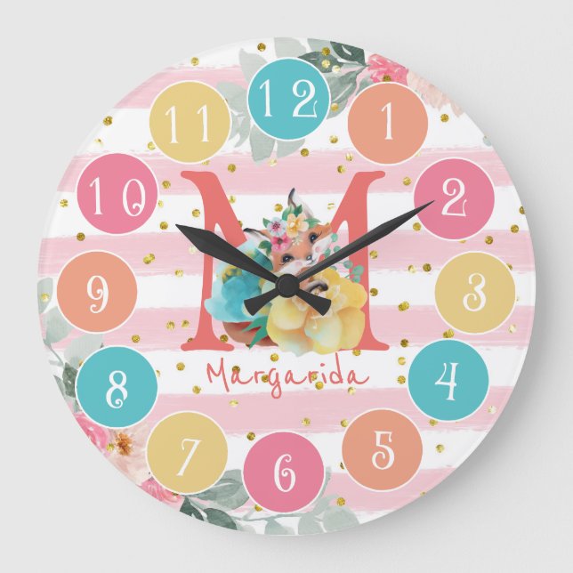 Niedlich Fox Illustration Sweet Monogram Large Clo Große Wanduhr (Vorderseite)