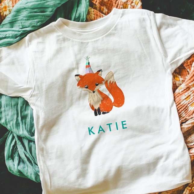 Niedlich Fox Party Hat Woodland Personalisiert Nam Baby T-shirt (Fox in a party hat kids birthday party personalized t-shirt.)