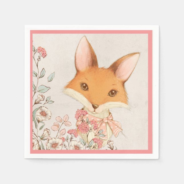 Niedlich Fox Pink Floral Girly Serviette (Vorderseite)