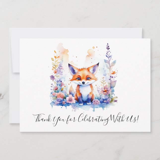 Niedlich Fox Wasserfarben Blumenstrauß Art Babydus Dankeskarte (Vorderseite)