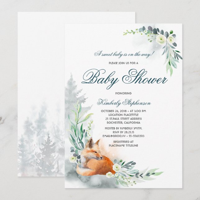 Niedlich Fox Woodland Frühjahrsdusche Einladung (Vorne/Hinten)
