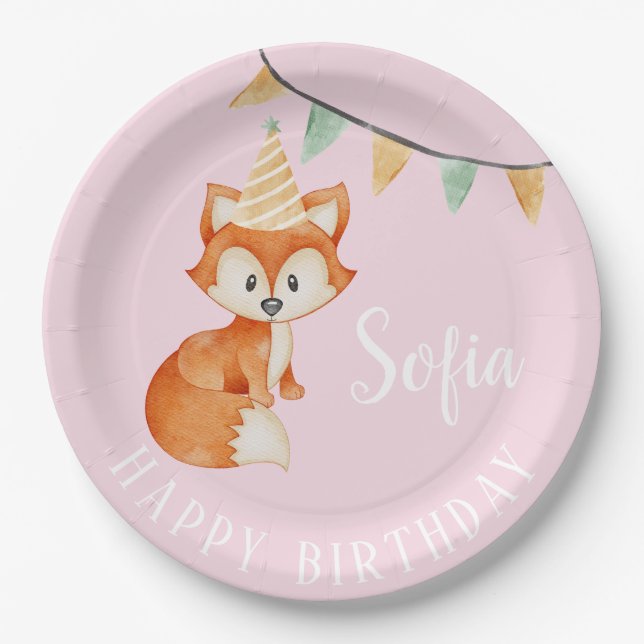 Niedlich Fox Woodland Happy Birthday Pink Ballon Pappteller (Vorderseite)