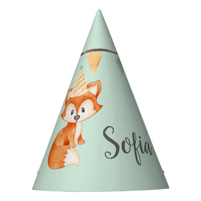 Niedlich Fox Woodland Party Happy Birthday Mint Partyhütchen (Vorderseite)