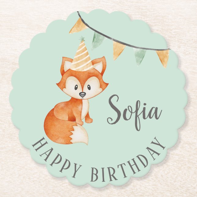 Niedlich Fox Woodland Party Happy Birthday Mint Untersetzer (Vorderseite)