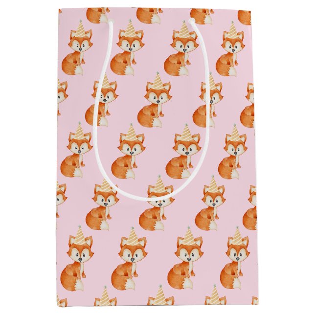 Niedlich Fox Woodland Party Happy Birthday Pink Mittlere Geschenktüte (Vorderseite)