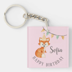 Niedlich Fox Woodland Party Happy Birthday Pink Schlüsselanhänger