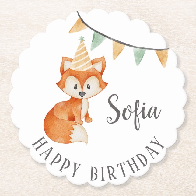 Niedlich Fox Woodland Party Happy Birthday Untersetzer (Vorderseite)