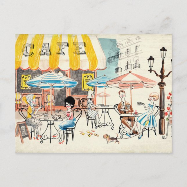 Niedlich France Café Scene Sketch Postkarte (Vorderseite)