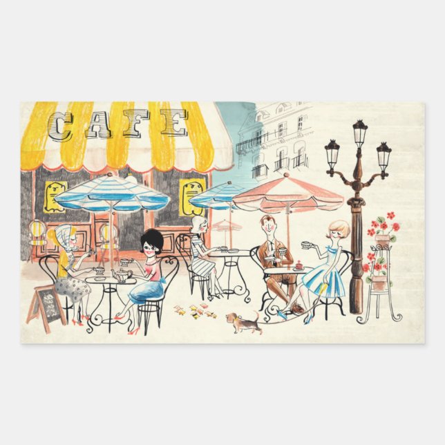 Niedlich France Café Scene Sketch Rechteckiger Aufkleber (Vorderseite)