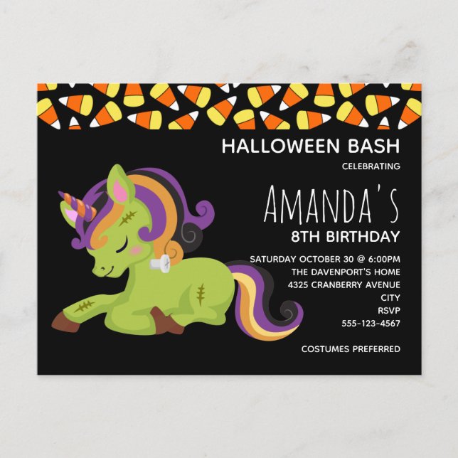 Niedlich Frankenstein Unicorn Halloween Einladungspostkarte (Vorderseite)