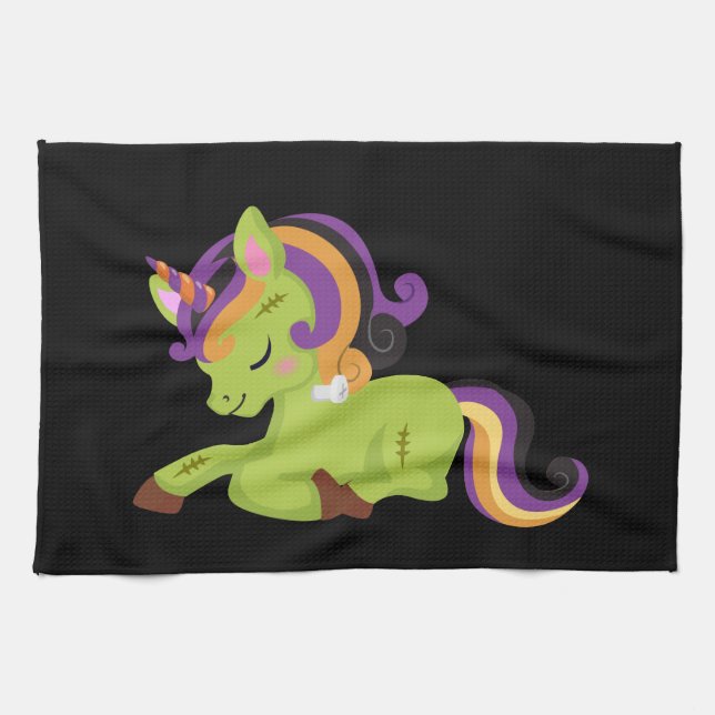 Niedlich Frankenstein Unicorn Halloween Geschirrtuch (Horizontal)