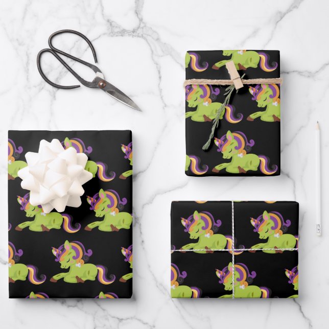 Niedlich Frankenstein Unicorn Halloween-Muster Geschenkpapier Set (Vorderseite)