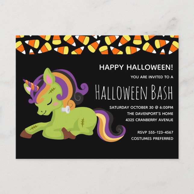 Niedlich Frankenstein Unicorn Halloween-Party Einladungspostkarte (Vorderseite)