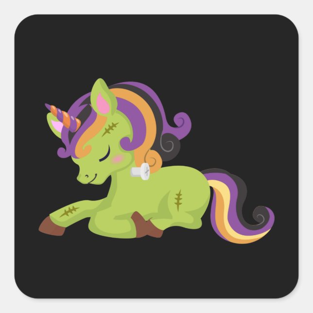 Niedlich Frankenstein Unicorn Halloween Zeichnend Quadratischer Aufkleber (Vorderseite)