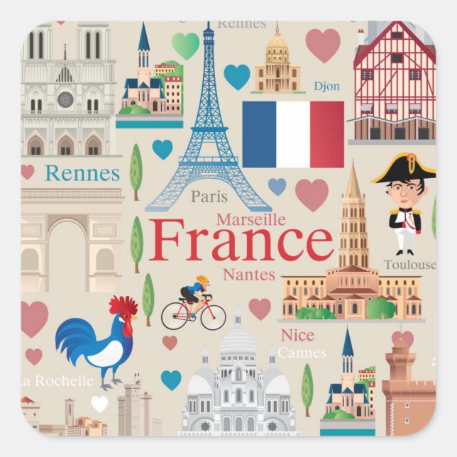 Niedlich-Frankreich-Icons Quadratischer Aufkleber (Vorderseite)