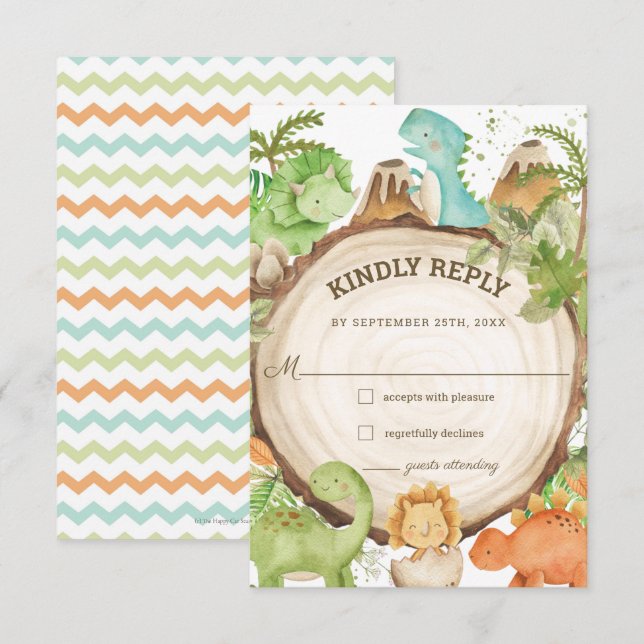 Niedlich Friendly Dinosaurs Baby Dusche 1. Geburts RSVP Karte (Vorne/Hinten)