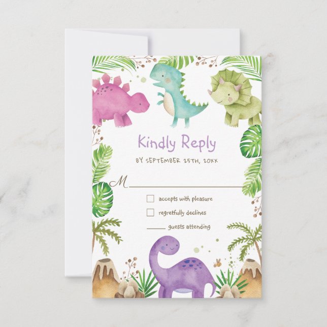 Niedlich Friendly Dinosaurs Baby Dusche 1. Geburts RSVP Karte (Vorderseite)