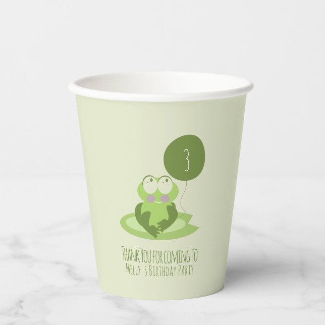 Niedlich Frog Birthday Green Ballon Danke Pappbecher (Vorderseite)