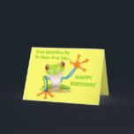 Niedlich Frog Funny Animal Kids Happy Birthday Karte<br><div class="desc">Niedlich Frog Funny Animal Kids Happy Birthday Card Grußkarte. Personalisiere es: Behalten oder Formulierung ändern oder löschen. Dieser bunt grüne, blaue und orangefarbene Cartoon Frosch winkt seiner großen Hand und Sprichwort Happy Birthday. Inside wiederholt den gleichen gelben Hintergrund und einen kleineren Frosch Bild und Wortlaut. (Wenn Sie die Wörter Happy...</div>