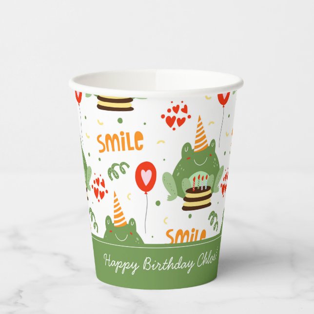 Niedlich Frog Muster Lächeln Text Happy Birthday w Pappbecher (Links)