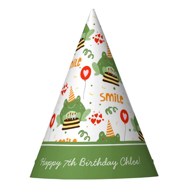 Niedlich Frog Muster Lächeln Text Happy Birthday w Partyhütchen (Vorderseite)
