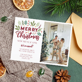 Niedlich frohe Weihnachten aus dem neuen Zuhause F Ankündigungspostkarte