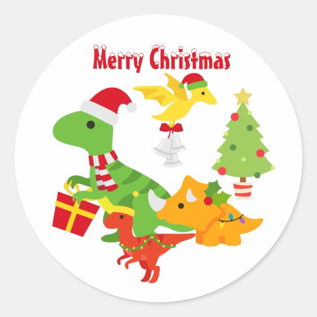 Niedlich frohe Weihnachten Dinosaurier Kids White Runder Aufkleber (Vorderseite)