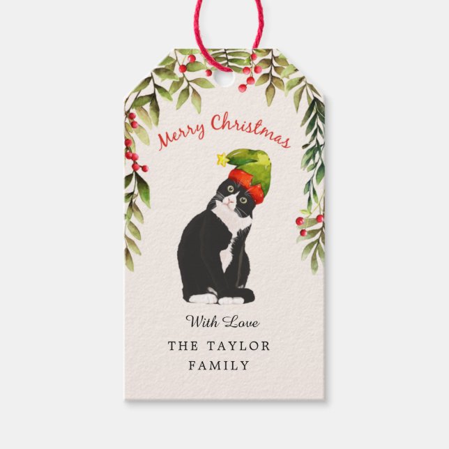 Niedlich frohe Weihnachten Red Berries Black Cat L Geschenkanhänger (Vorderseite)