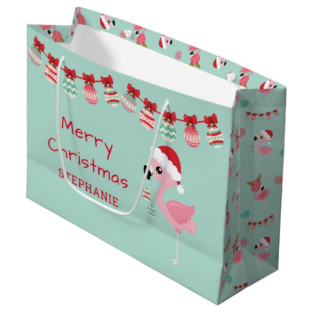 Niedlich frohe Weihnachts-Flamingo-Ornamente Große Geschenktüte (Vorderseite Schrägansicht)