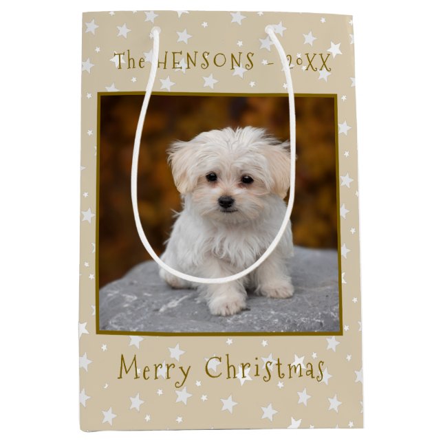 Niedlich Frohe Weihnachts-Haustier Hund Foto Mittlere Geschenktüte (Vorderseite)