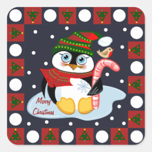 Niedlich frohe Weihnachtsaufkleber Pinguin und Rob Quadratischer Aufkleber