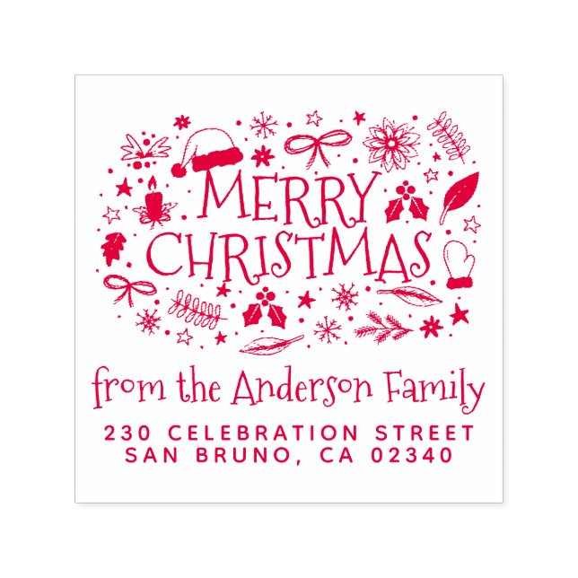 Niedlich frohe Weihnachtsfamilie Name & Rücksendea Permastempel (Design)