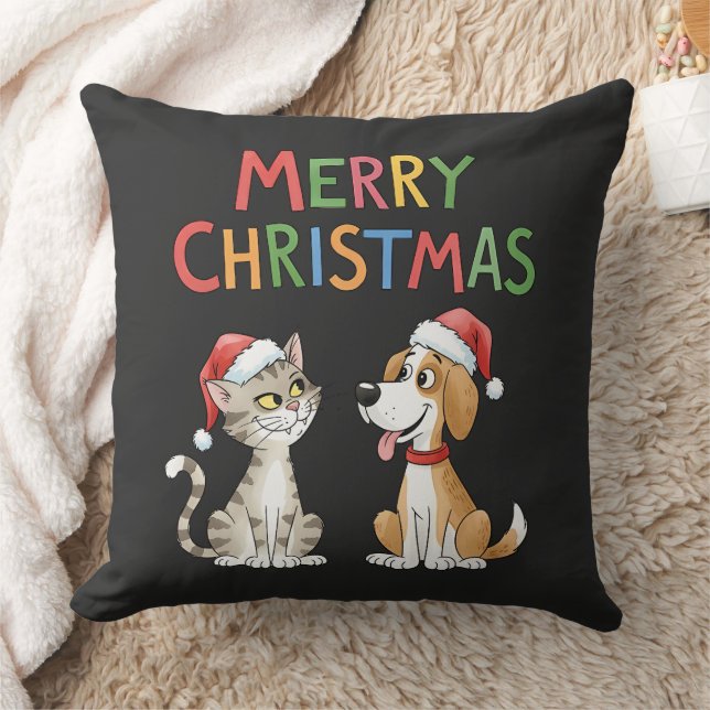Niedlich Frohe Weihnachtskatze und Hund Kissen (Decke)