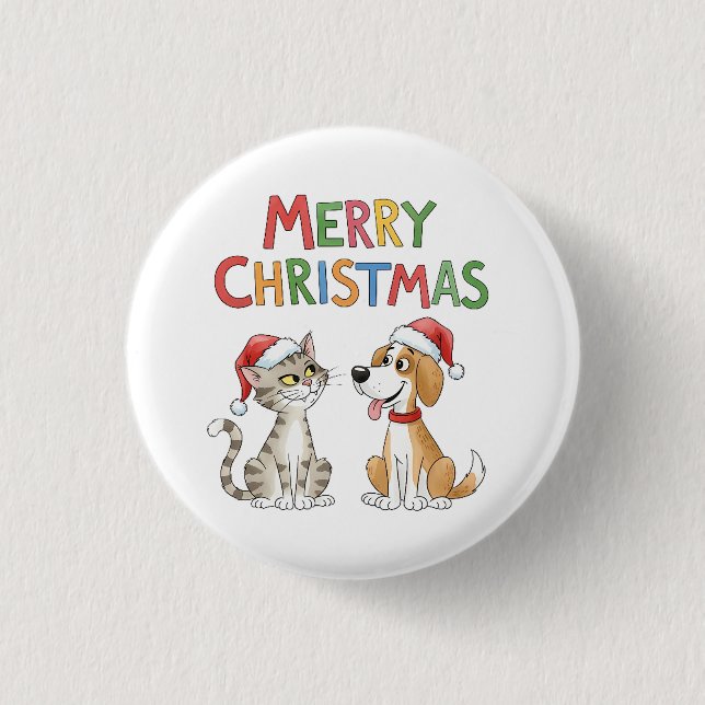 Niedlich frohe Weihnachtskatze und Hund mit Weihna Button (Vorderseite)