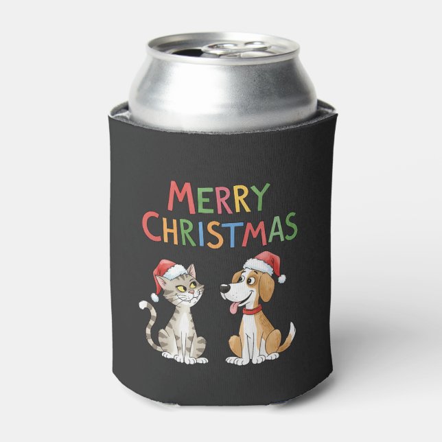 Niedlich frohe Weihnachtskatze und Hund mit Weihna Dosenkühler (Kanne Vorderseite)