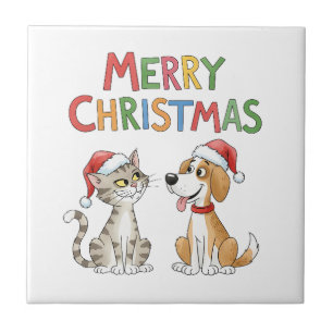 Niedlich frohe Weihnachtskatze und Hund mit Weihna Fliese