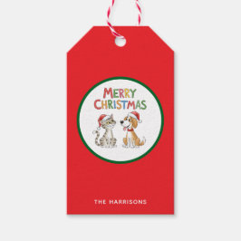 Niedlich frohe Weihnachtskatze und Hund mit Weihna Geschenkanhänger