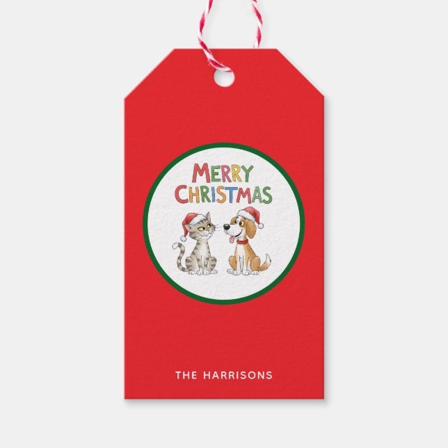 Niedlich frohe Weihnachtskatze und Hund mit Weihna Geschenkanhänger (Vorderseite)