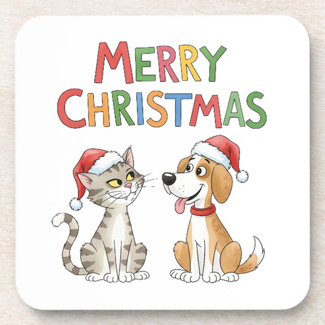 Niedlich frohe Weihnachtskatze und Hund mit Weihna Getränkeuntersetzer (Vorderseite)