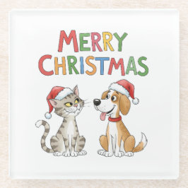 Niedlich frohe Weihnachtskatze und Hund mit Weihna Glasuntersetzer