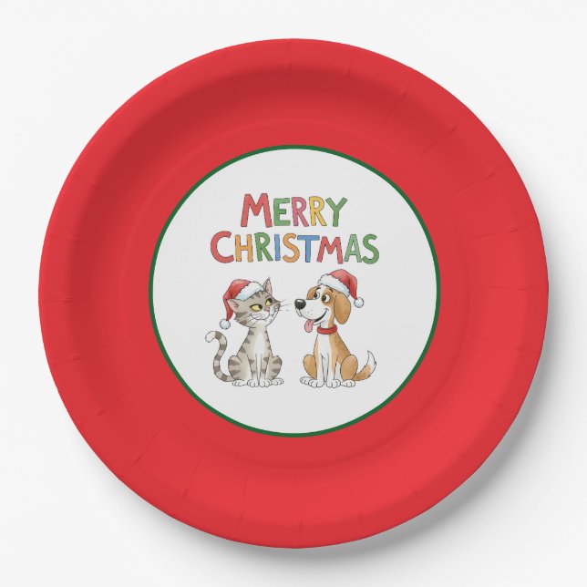 Niedlich frohe Weihnachtskatze und Hund mit Weihna Pappteller (Vorderseite)
