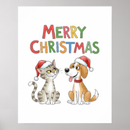 Niedlich frohe Weihnachtskatze und Hund mit Weihna Poster