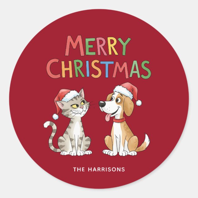 Niedlich frohe Weihnachtskatze und Hund mit Weihna Runder Aufkleber (Vorderseite)