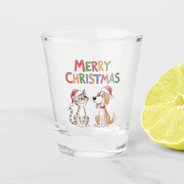 Niedlich frohe Weihnachtskatze und Hund mit Weihna Schnapsglas (Vorderseite)