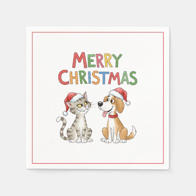 Niedlich frohe Weihnachtskatze und Hund mit Weihna Serviette (Vorderseite)