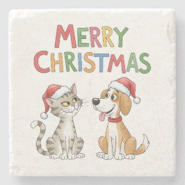 Niedlich frohe Weihnachtskatze und Hund mit Weihna Steinuntersetzer